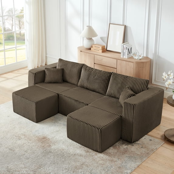 94.1" modular Sectional Sofa,Compressed Corduroy couch, Comfy Compression Sofa for small spaces, Brown