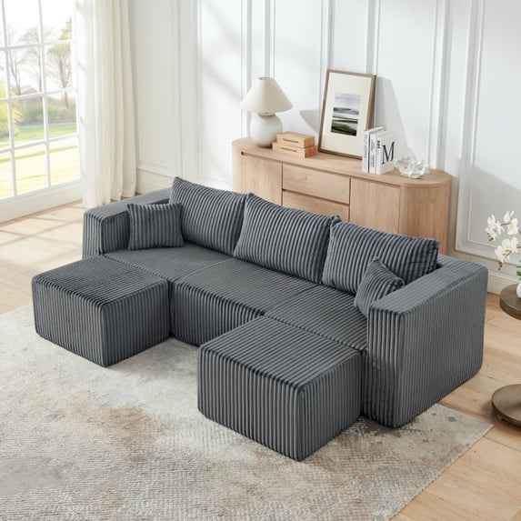 94.1" modular Sectional Sofa,Compressed Corduroy couch, Comfy Compression Sofa for small spaces, Gray