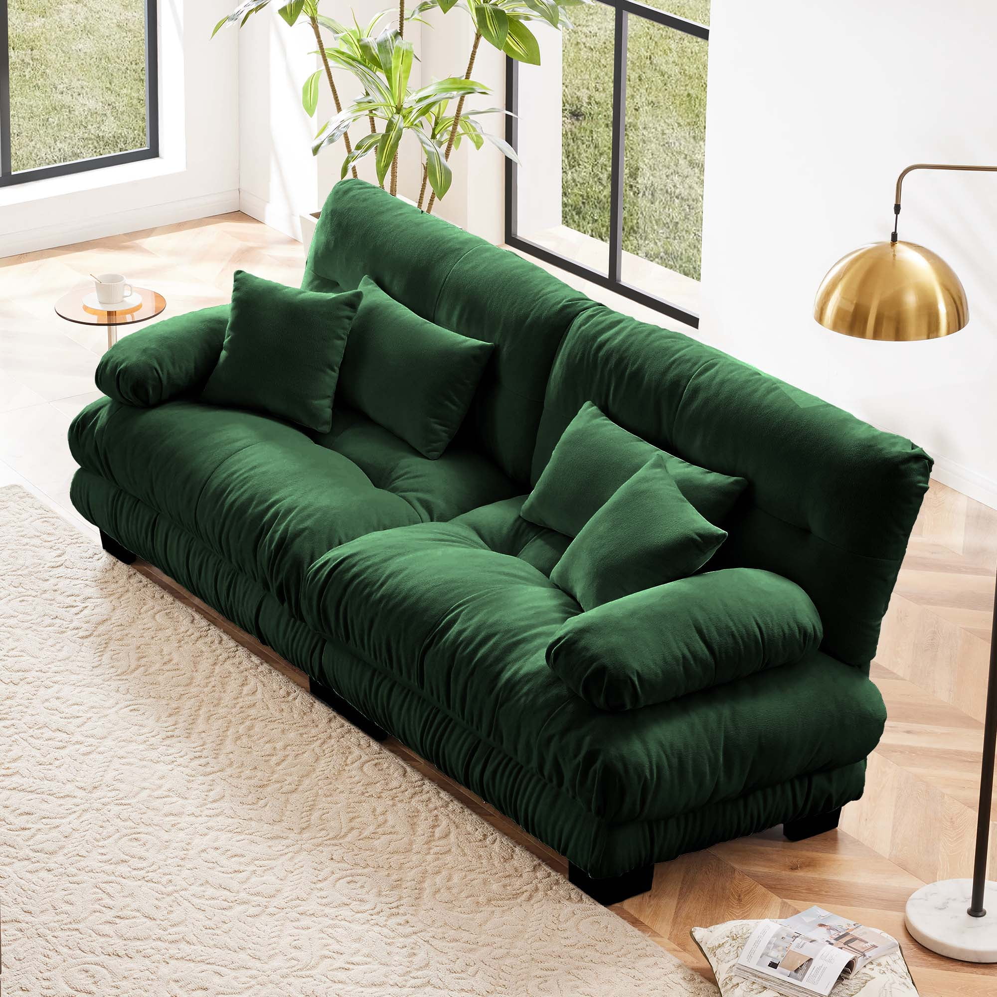 94.4" Cloud Chenille Loveseat Sofa, Oversized Deep Seat 2 Seater Couch for Living Room with Pillows，Green
