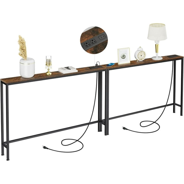 94.4" Long Console Table with Charging Station, Sofa Table with 2 Power Outlets & 2 USB Ports, Metal Frame, with Extension Cord, Behind Couch Table for Living Room Entryway, Rustic Brown