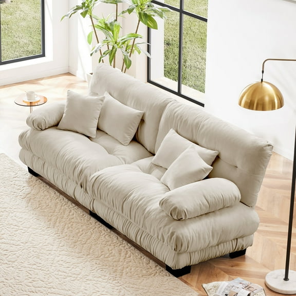 94.4” Loveseat Sofa, 2 Seater Modular Sectional Sofa, Beige Large Sectional Couches for Living Room, Fluffy Couch Set, Love Seat, Chenille Cloud Couch with 4 Pillows, Deep Seat Sofas for Living Room