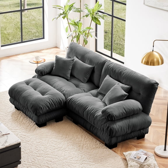 94.4" Loveseat Sofa, 2 Seater Modular Sectional Sofa, Grey Large L Shaped Sectional Couches for Living Room, Fluffy Couch, Chenille Cloud Couch with Ottoman, Deep Seat Sofas for Living home