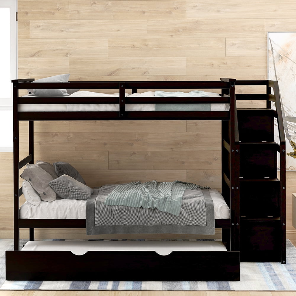 94.4" Twin Bunk Bedd with Trundle and 3 Storage Stairs-Espresso