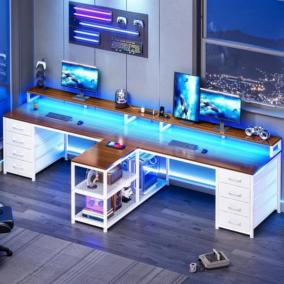 94.5" 2 Person Gaming Desk, Long Office Computer Desk with 8 Drawers & LED Light, Two Person Desk with Storage, Power Strip & Monitor Shelf for Home Office, Brown+White