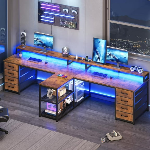 94.5" 2 Person Gaming Desk, Long Office Computer Desk with 8 Drawers & LED Lights, Two Person Desk with Storage, Power Strip & Monitor Stand for Home Office, Rustic Brown