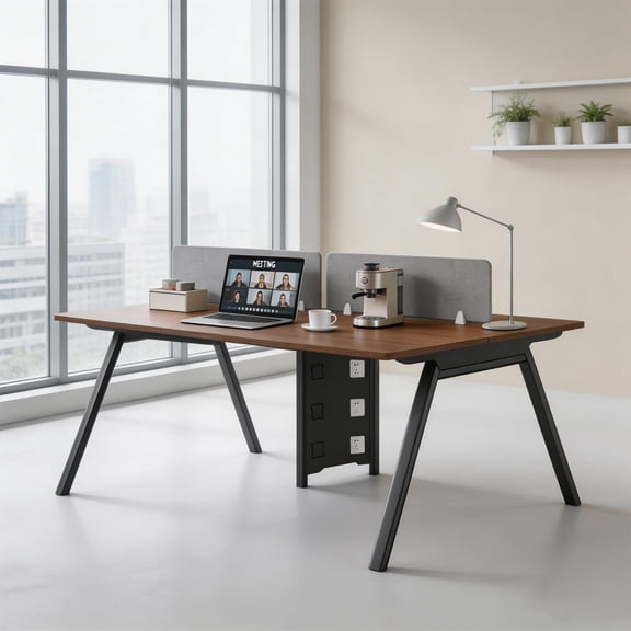 94.5" 4-Person Office Cubicle Workstation,with Privacy Panels, Built-in Power Outlets & Cable Management, Modular Desk for Open Office, Call Center, Home Office (Walnut)