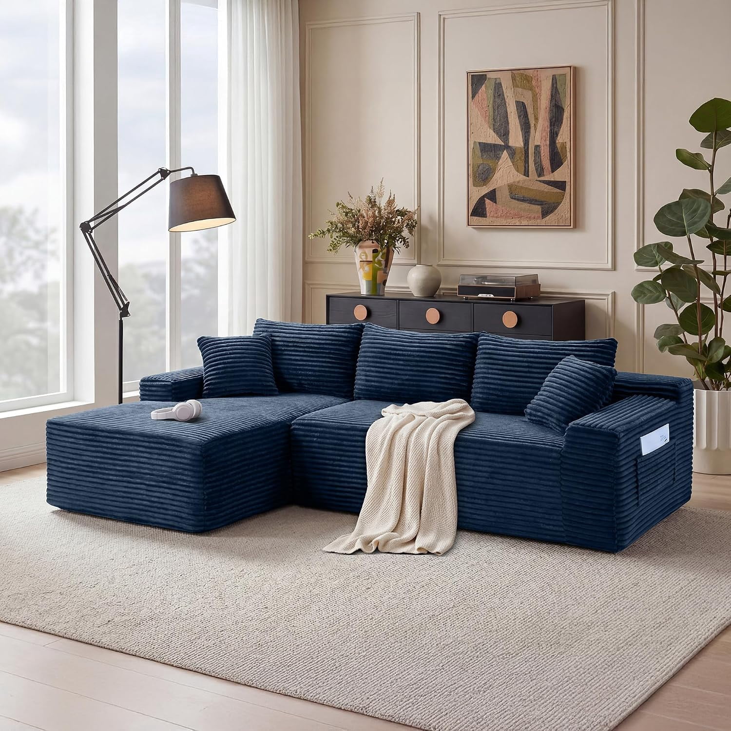 94.5" Boneless Couch, L-Shaped Modular Sectional Sofa, Corduroy Cloud Couches with Left Facing Chaise, Pillows, Side Pockets, No Assembly Required, for Living Room, Apartment, Blue