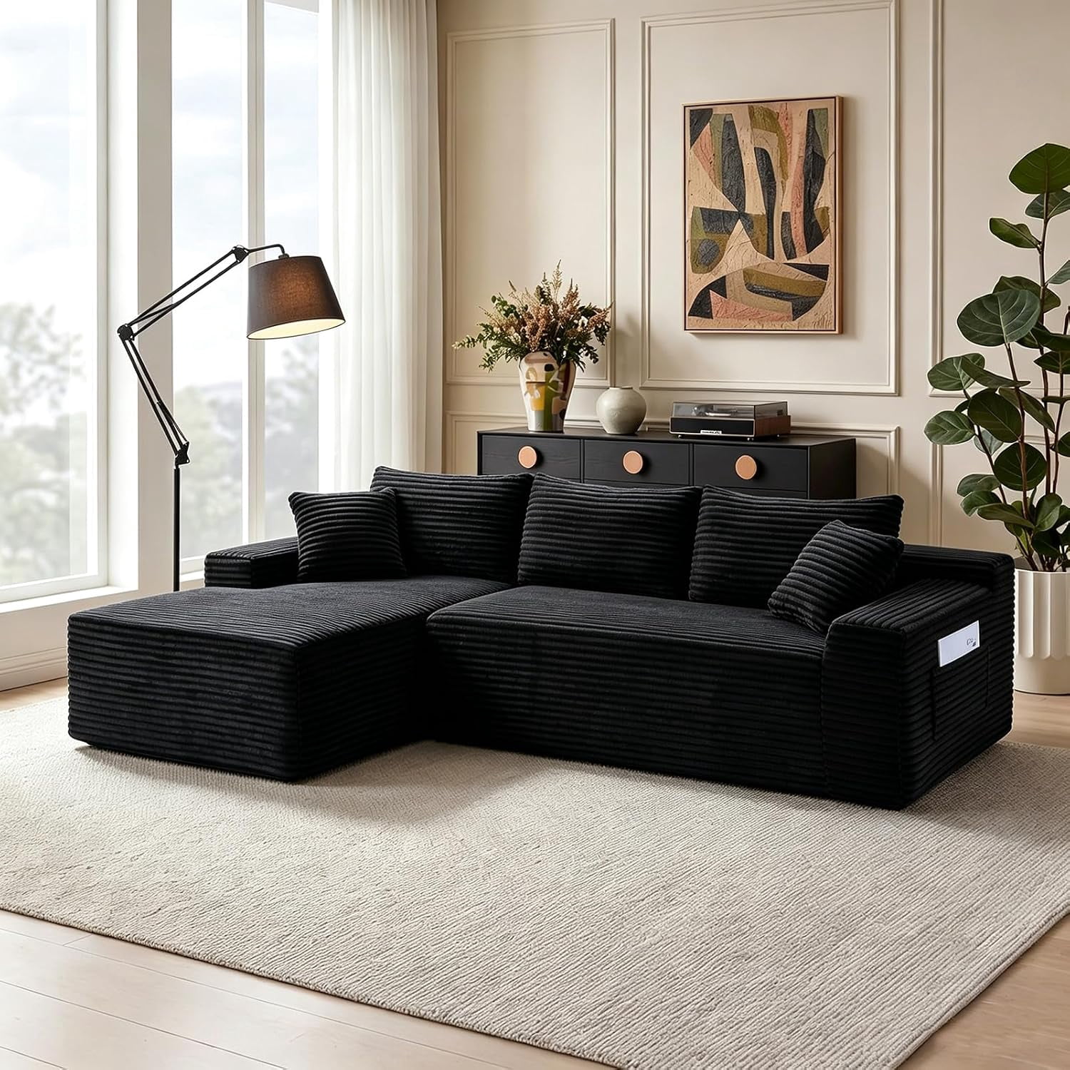 94.5" Boneless Couch, L-Shaped Modular Sectional Sofa, Corduroy Cloud Couches with Left Facing Chaise, Pillows, Side Pockets, No Assembly Required, for Living Room, Apartment, Black