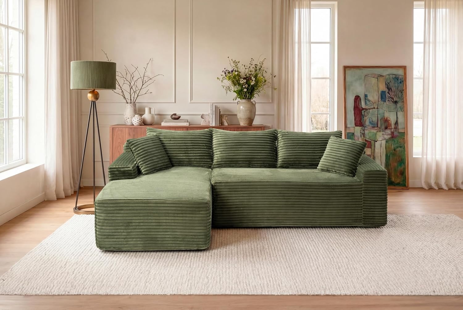 94.5" Boneless Couch, L-Shaped Modular Sectional Sofa, Corduroy Cloud Couches with Left Facing Chaise, Pillows, Side Pockets, No Assembly Required, for Living Room, Apartment, Green