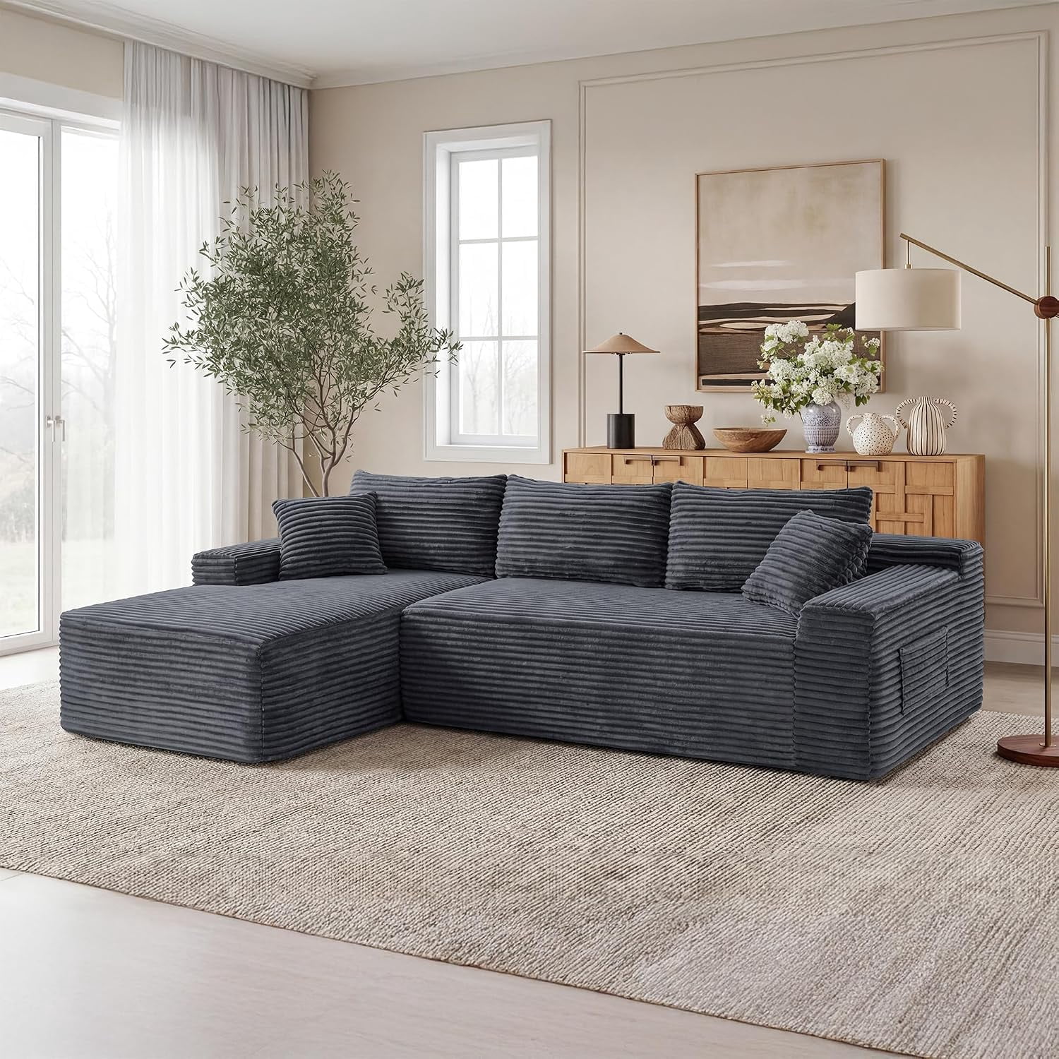 94.5" Boneless Couch, L-Shaped Modular Sectional Sofa, Corduroy Cloud Couches with Left Facing Chaise, Pillows, Side Pockets, No Assembly Required, for Living Room, Apartment, Grey