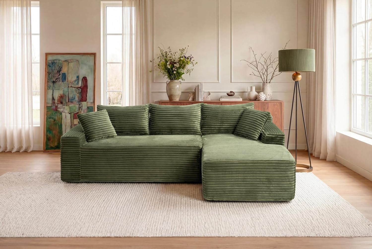 94.5" Boneless Couch, L-Shaped Modular Sectional Sofa, Corduroy Cloud Couches with Right Facing Chaise, Pillows, Side Pockets, No Assembly Required, for Living Room, Apartment, Green