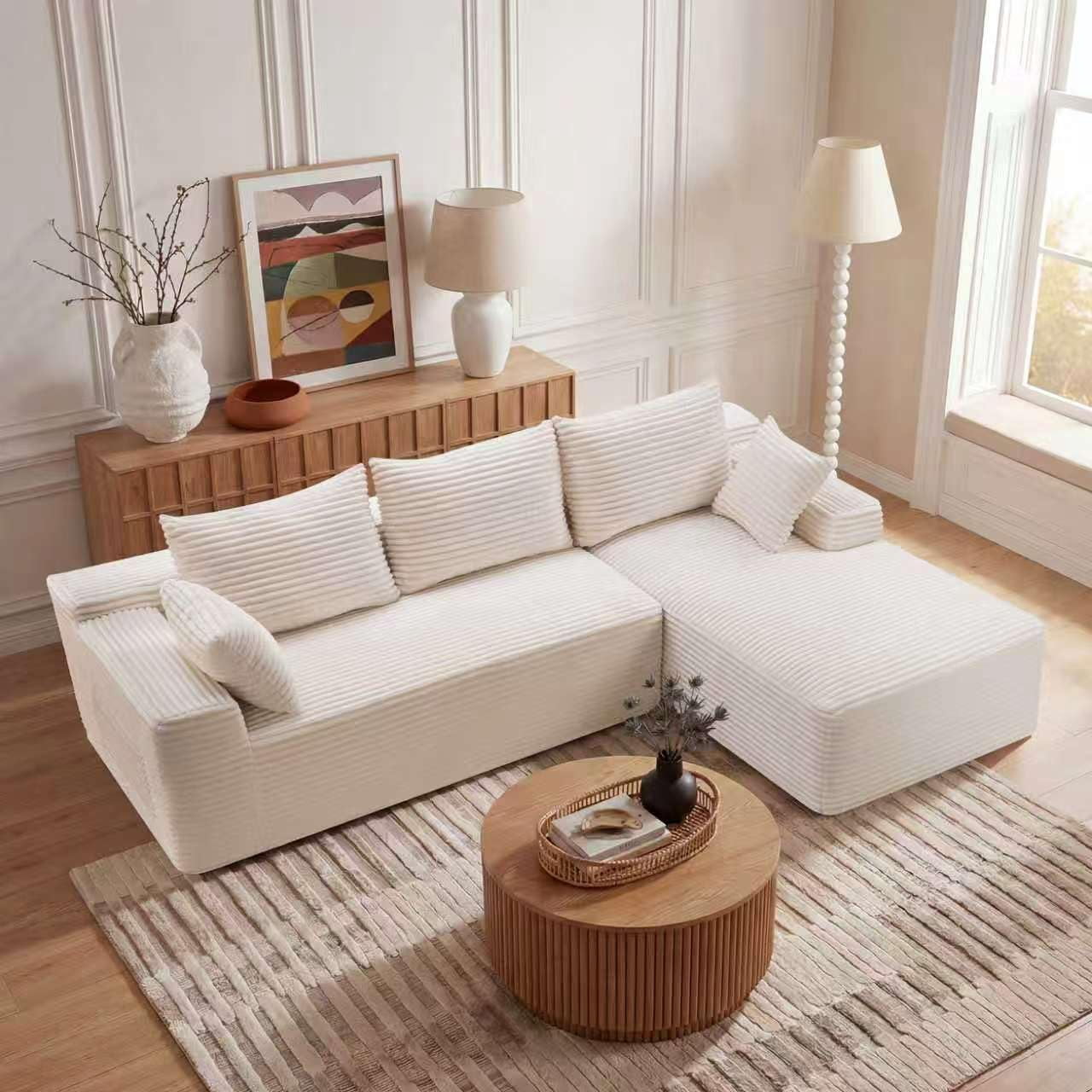 94.5" Boneless Couch, L-Shaped Modular Sectional Sofa, Corduroy Cloud Couches with Right Facing Chaise, Pillows, Side Pockets, No Assembly Required, for Living Room, Apartment, White