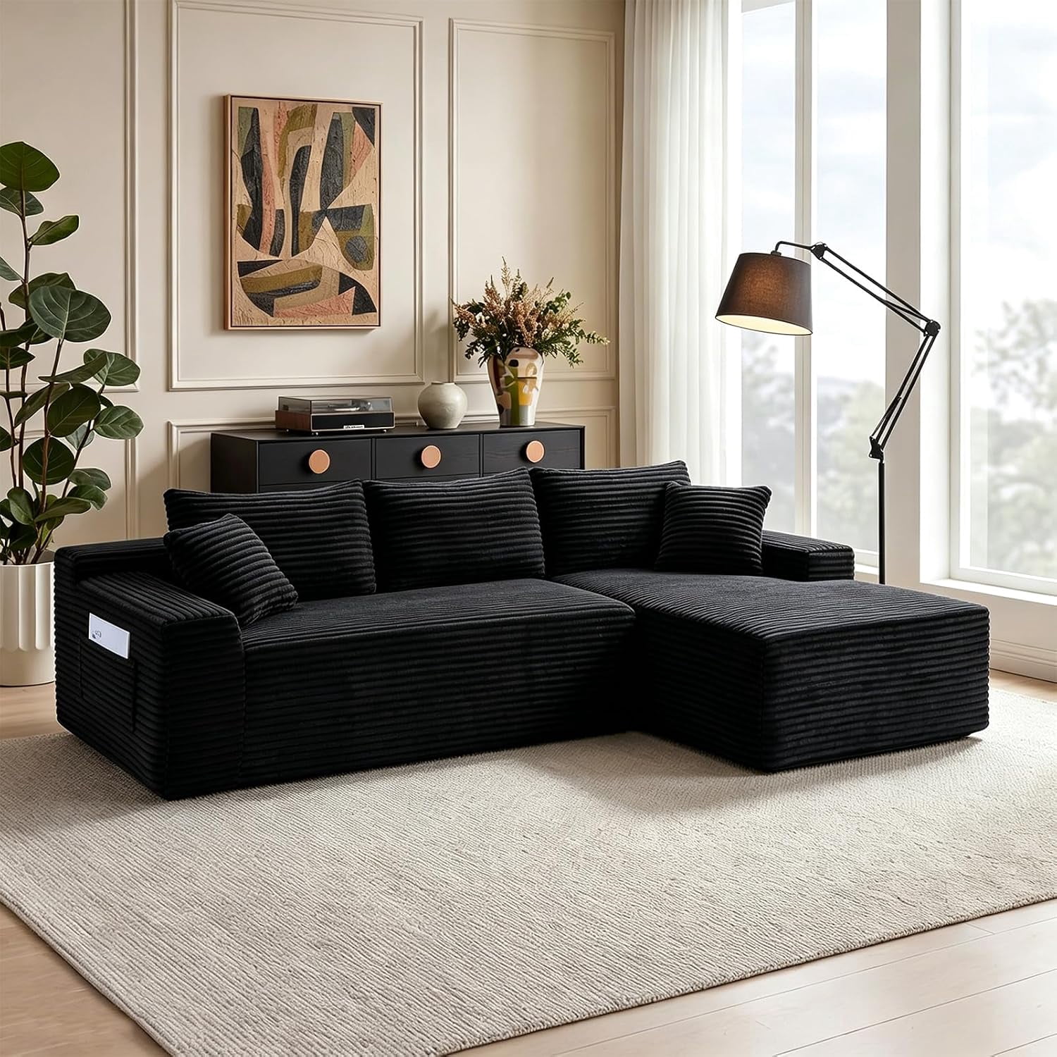 94.5" Boneless Couch, L-Shaped Modular Sectional Sofa, Corduroy Cloud Couches with Right Facing Chaise, Pillows, Side Pockets, No Assembly Required, for Living Room, Apartment, Black