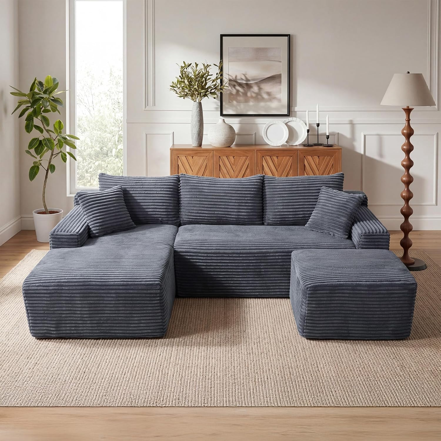 94.5" Boneless Couch, U-Shaped Modular Sectional Sofa, Corduroy Cloud Couches with Left Facing Chaise, Ottoman, Pillows, Side Pockets, No Assembly Required, for Living Room, Apartment, Grey