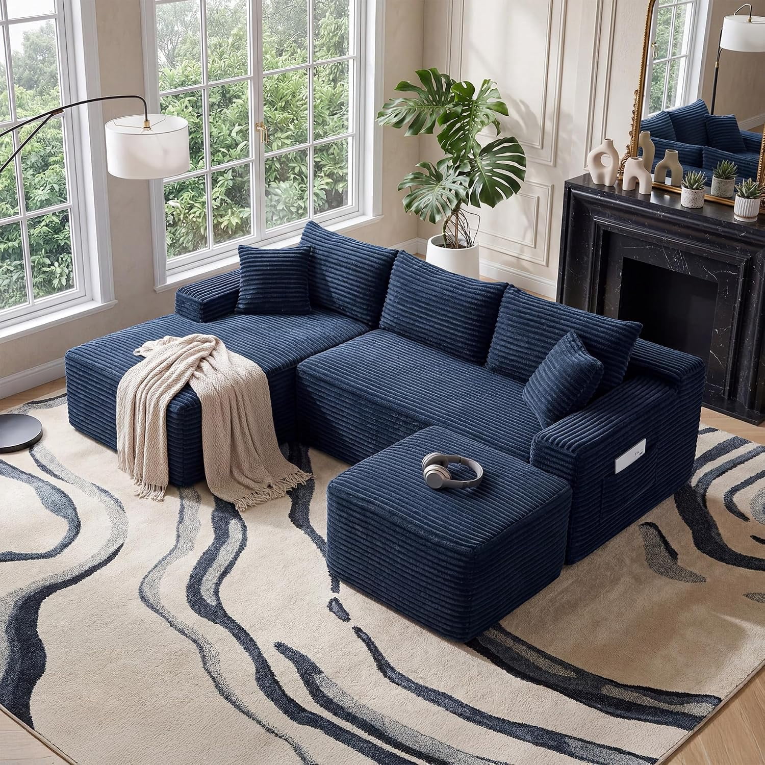 94.5" Boneless Couch, U-Shaped Modular Sectional Sofa, Corduroy Cloud Couches with Left Facing Chaise, Ottoman, Pillows, Side Pockets, No Assembly Required, for Living Room, Apartment, Blue