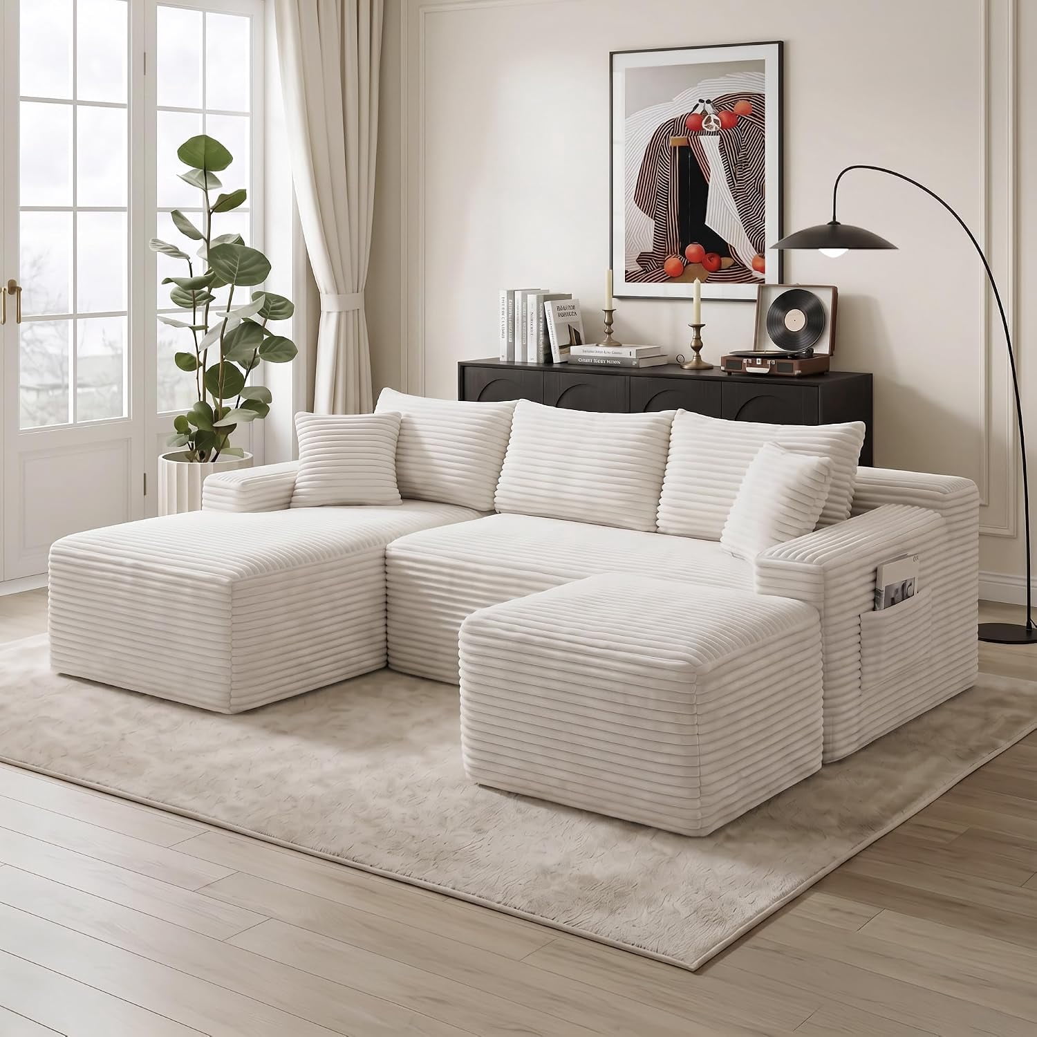 94.5" Boneless Couch, U-Shaped Modular Sectional Sofa, Corduroy Cloud Couches with Left Facing Chaise, Ottoman, Pillows, Side Pockets, No Assembly Required, for Living Room, Apartment, White