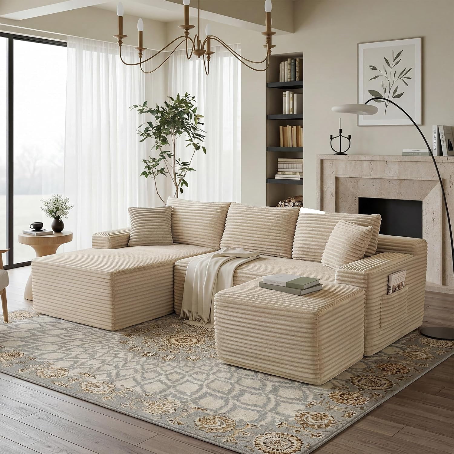 94.5" Boneless Couch, U-Shaped Modular Sectional Sofa, Corduroy Cloud Couches with Left Facing Chaise, Ottoman, Pillows, Side Pockets, No Assembly Required, for Living Room, Apartment, Camel