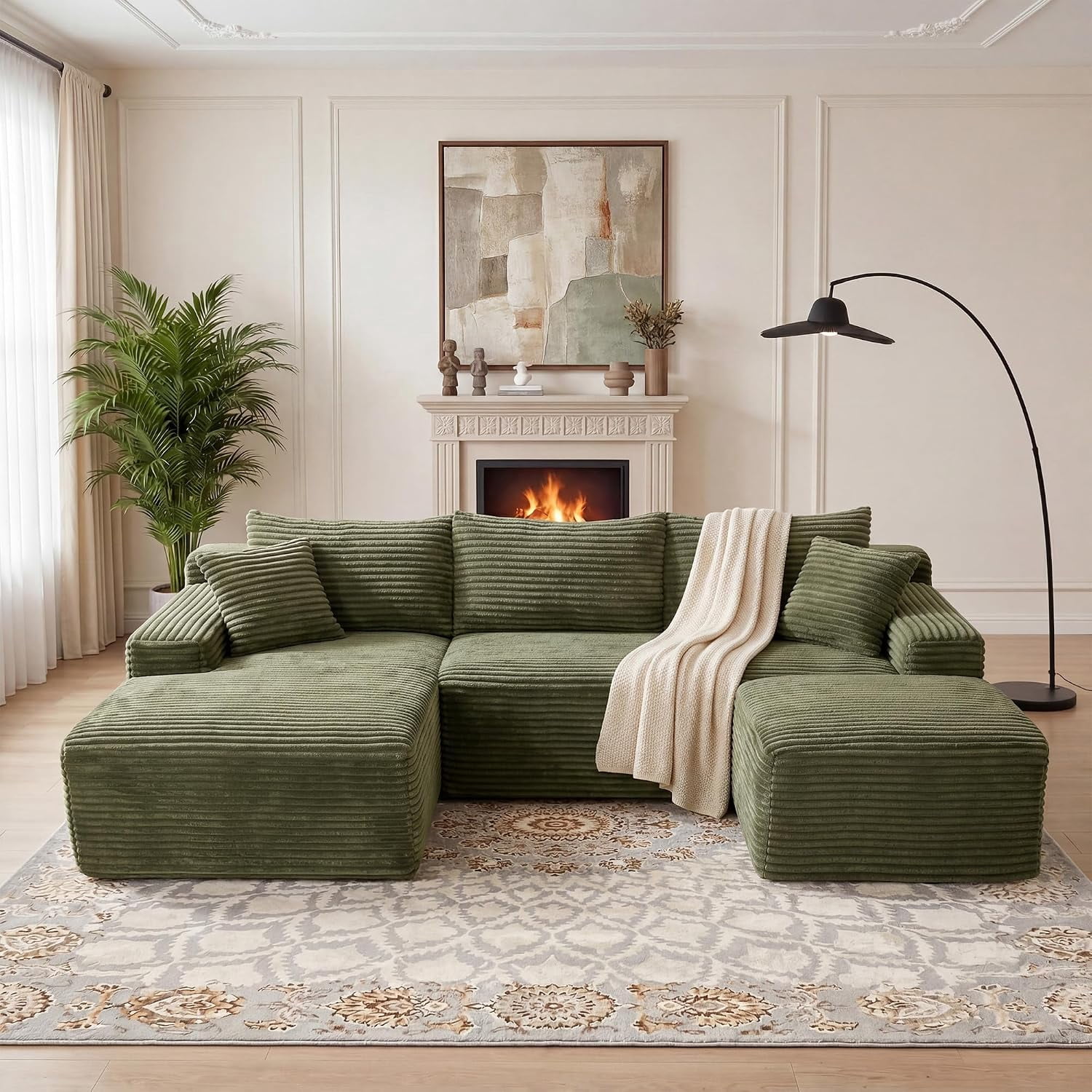 94.5" Boneless Couch, U-Shaped Modular Sectional Sofa, Corduroy Cloud Couches with Left Facing Chaise, Ottoman, Pillows, Side Pockets, No Assembly Required, for Living Room, Apartment, Green