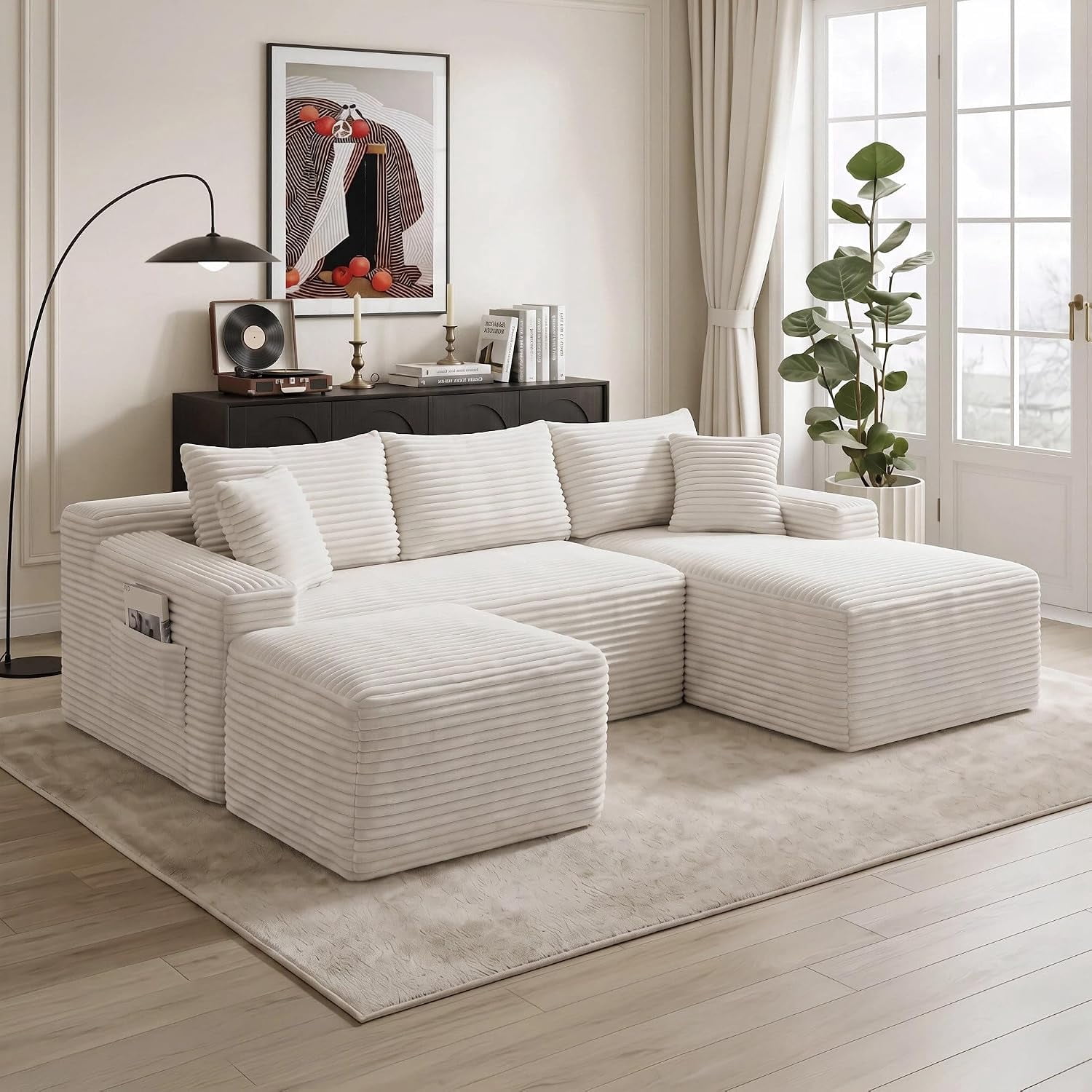 94.5" Boneless Couch, U-Shaped Modular Sectional Sofa, Corduroy Cloud Couches with Right Facing Chaise, Ottoman, Pillows, Side Pockets, No Assembly Required, for Living Room, Apartment, White