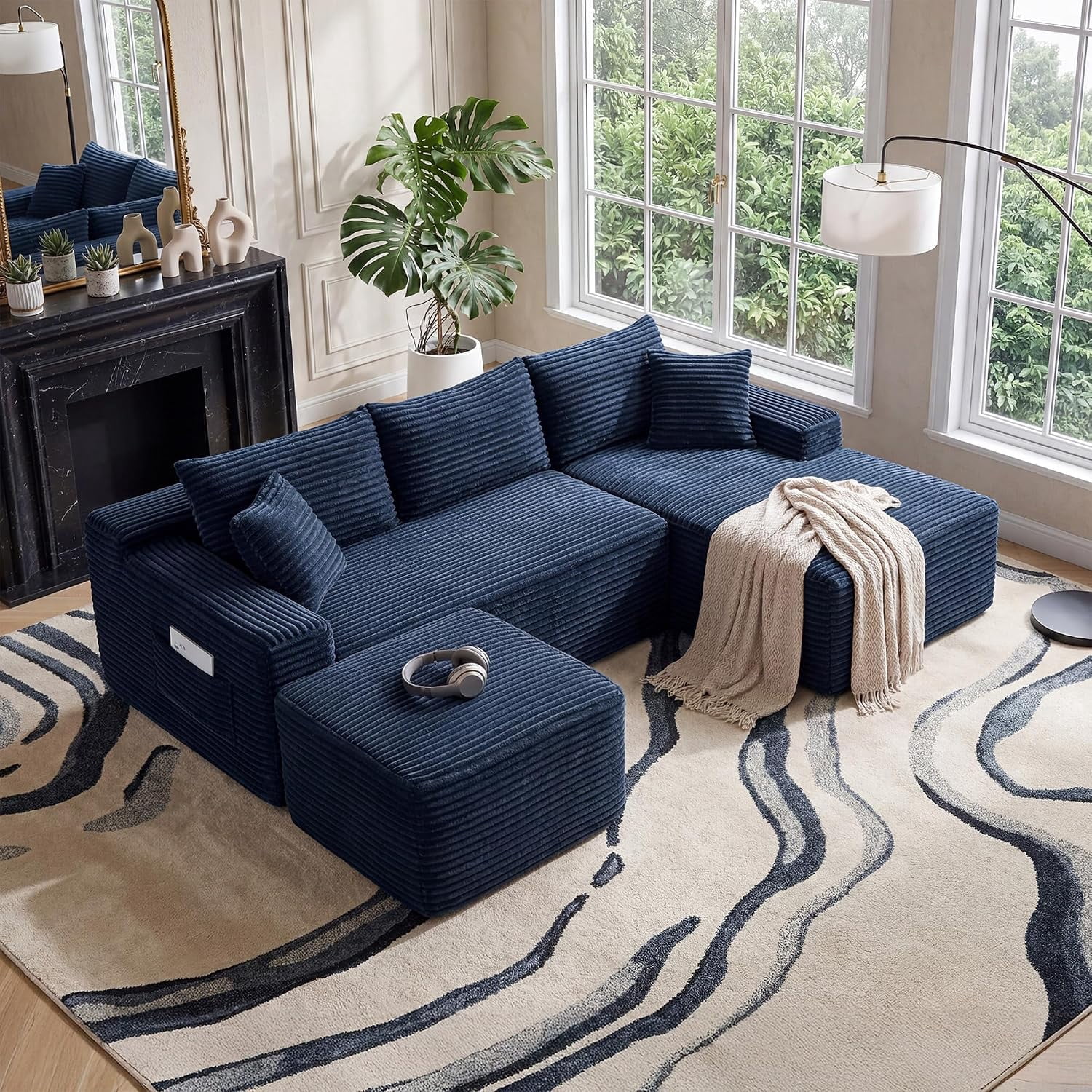 94.5" Boneless Couch, U-Shaped Modular Sectional Sofa, Corduroy Cloud Couches with Right Facing Chaise, Ottoman, Pillows, Side Pockets, No Assembly Required, for Living Room, Apartment, Blue