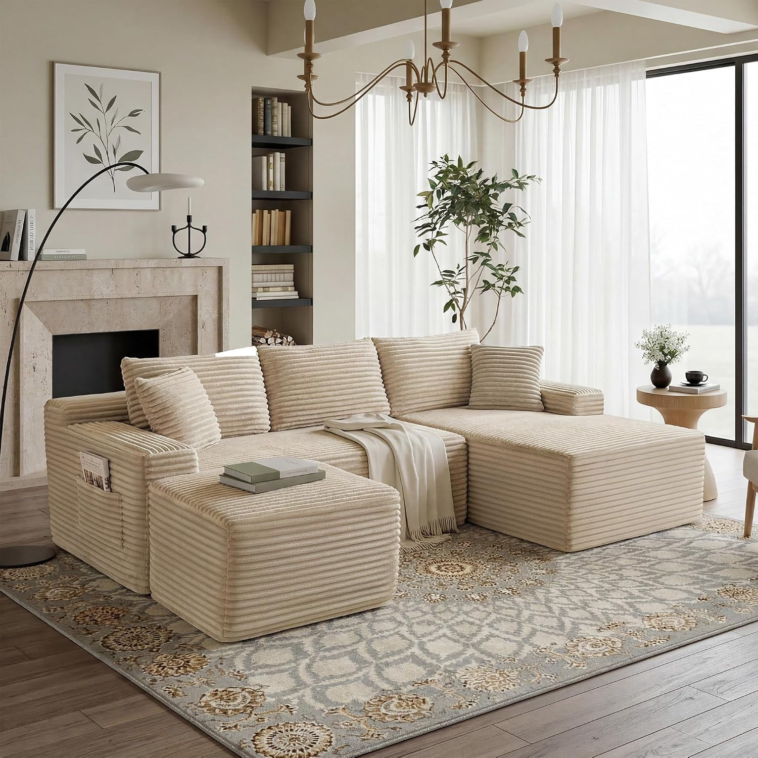 94.5" Boneless Couch, U-Shaped Modular Sectional Sofa, Corduroy Cloud Couches with Right Facing Chaise, Ottoman, Pillows, Side Pockets, No Assembly Required, for Living Room, Apartment, Camel