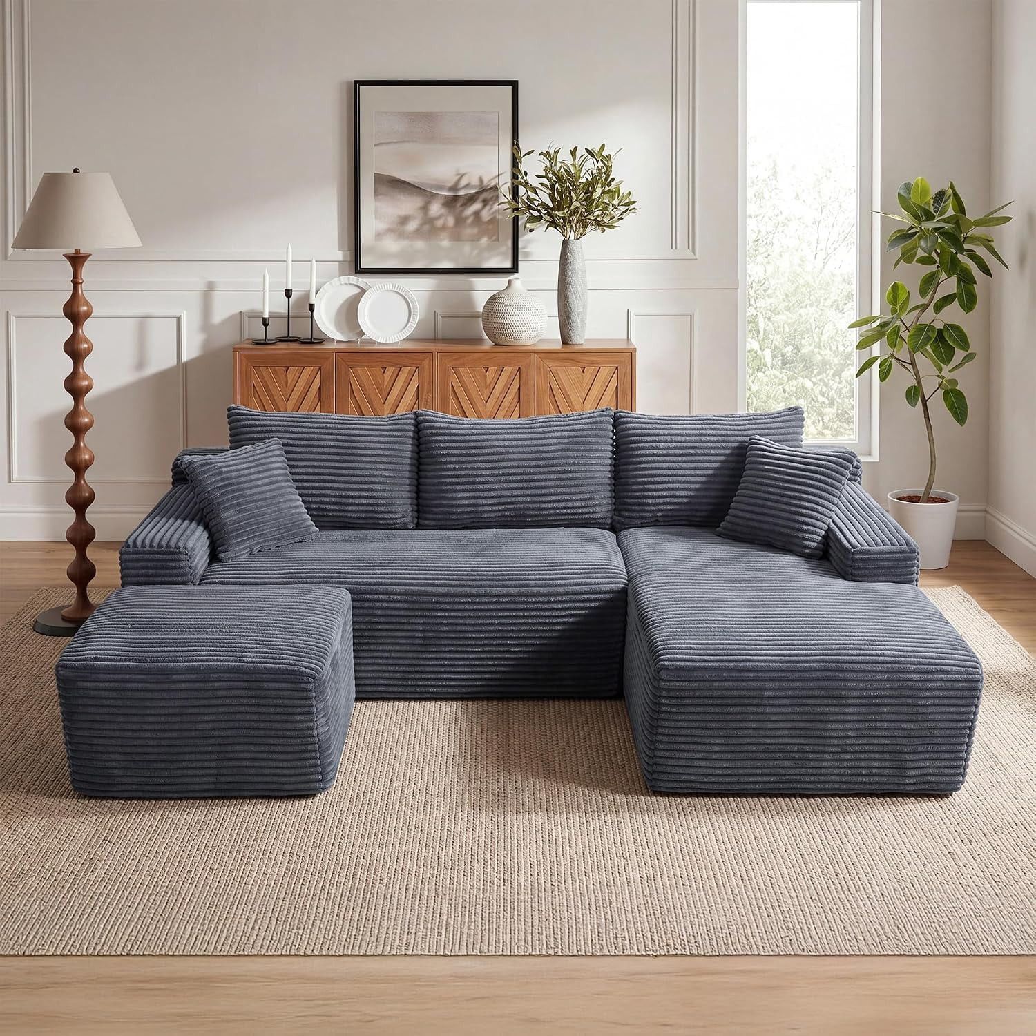 94.5" Boneless Couch, U-Shaped Modular Sectional Sofa, Corduroy Cloud Couches with Right Facing Chaise, Ottoman, Pillows, Side Pockets, No Assembly Required, for Living Room, Apartment, Grey