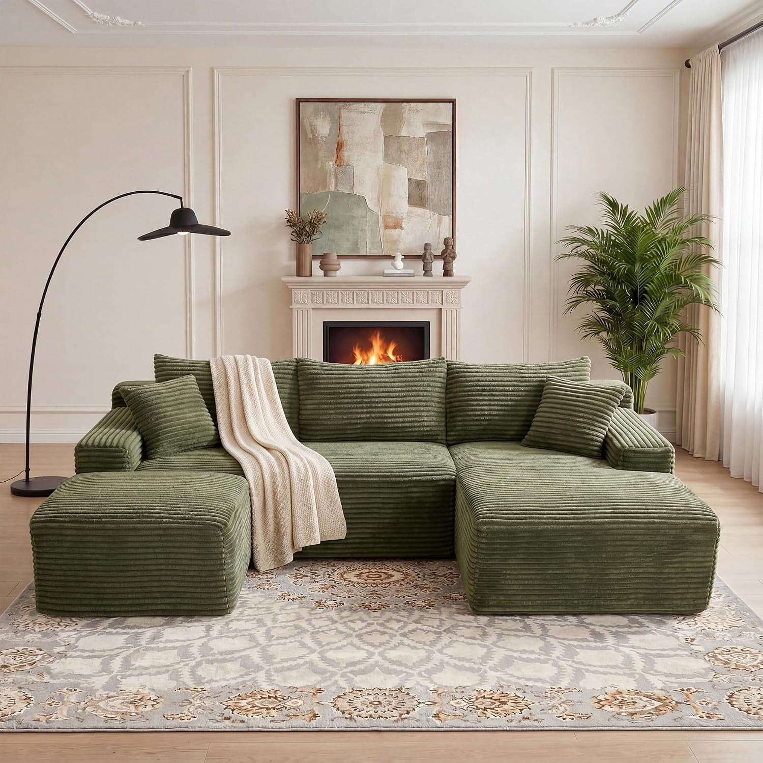 94.5" Boneless Couch, U-Shaped Modular Sectional Sofa, Corduroy Cloud Couches with Right Facing Chaise, Ottoman, Pillows, Side Pockets, No Assembly Required, for Living Room, Apartment, Green