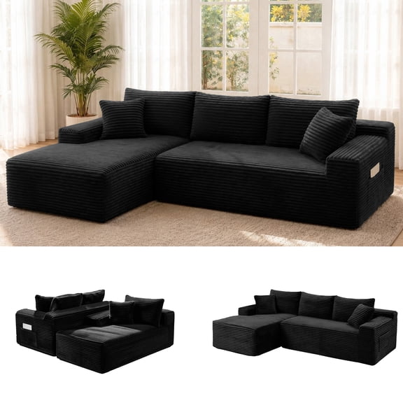 95" Boneless L-Shaped Sectional Sofa with Left Facing Chaise, Deep Seat Corduroy Couch for Living Room, Compressed Sofa in a Box, No Assembly Required, Black