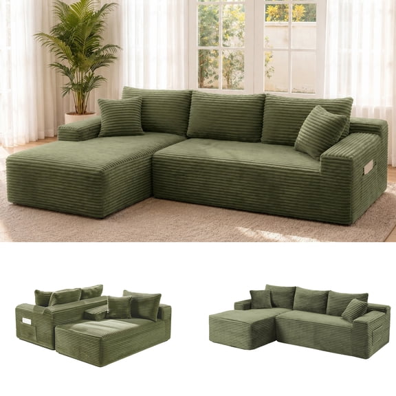 95" Boneless L-Shaped Sectional Sofa with Left Facing Chaise, Deep Seat Corduroy Couch for Living Room, Compressed Sofa in a Box, No Assembly Required, Green