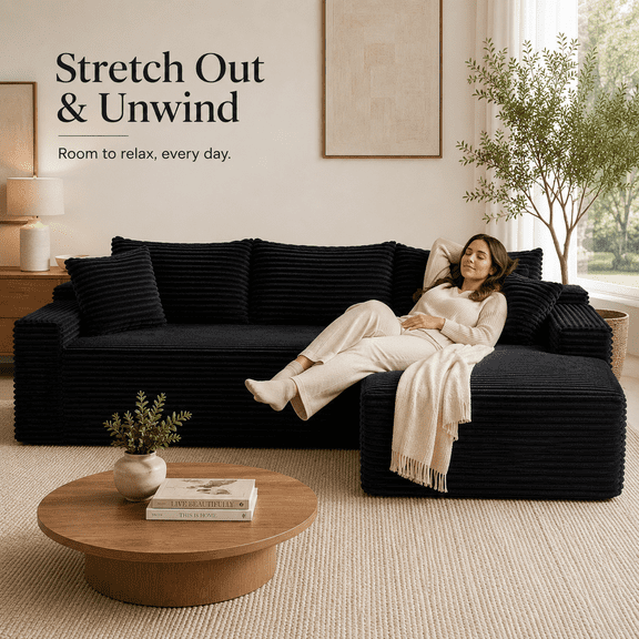 96.1" Cloud Modular Sectional Sofa Couch with Reversible Chaise, Black Corduroy L-Shaped 4-Seat Deep Seat Sofa, No Assembly Required