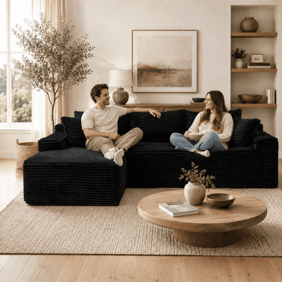 Cloud Modular Sectional Sofa, Reversible L-Shaped Corduroy Couch with Deep Seat, 4-Seat Compressed Sofa No Assembly for Living Room Apartment, Black
