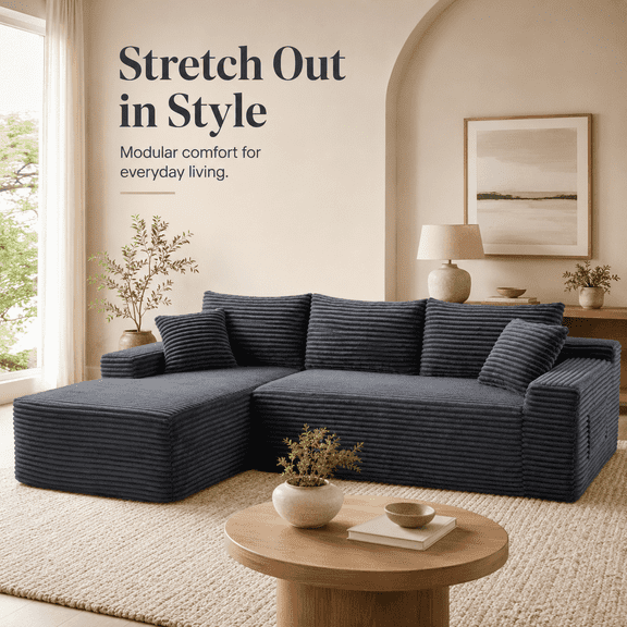 94.5" Cloud Modular Sectional Sofa Couch with Reversible Chaise, Oversized L-Shaped Corduroy Couch, Deep Seat 4-Seat Compressed Sofa for Living Room, No Assembly Required, Gray
