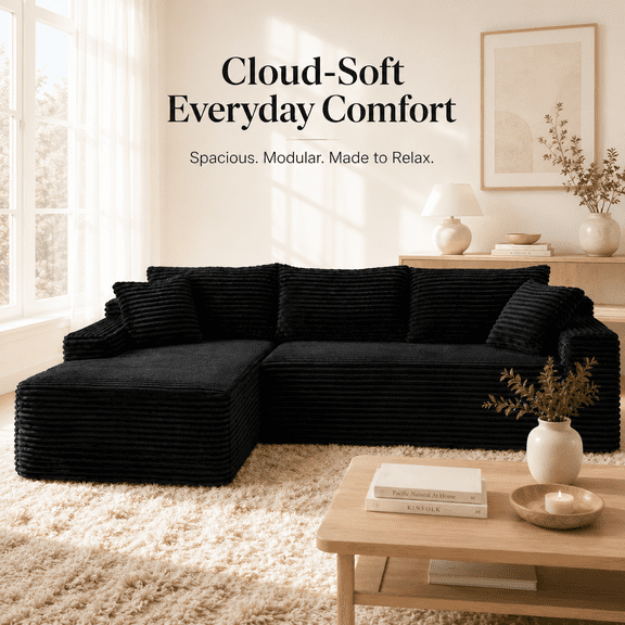 94.5" Cloud Modular Sectional Sofa Couch with Reversible Chaise, Oversized L-Shaped Corduroy Couch, Deep Seat 4-Seat Compressed Sofa for Living Room, No Assembly Required, Black