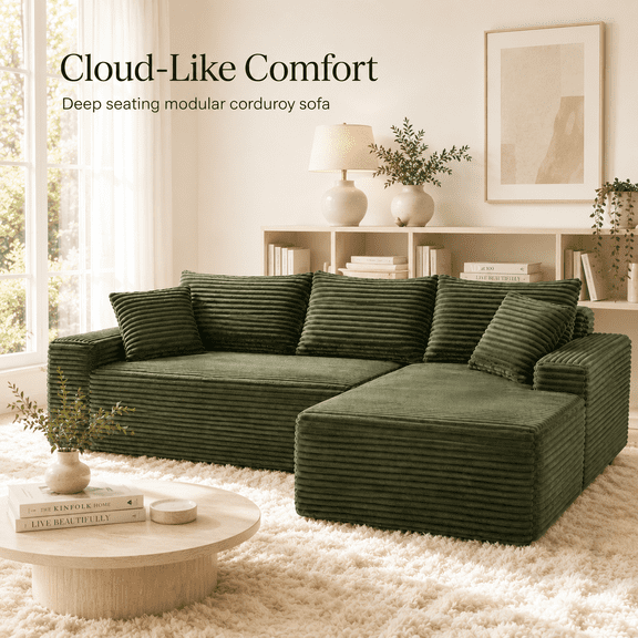 94.5" Cloud Modular Sectional Sofa Couch with Reversible Chaise, Oversized L-Shaped Corduroy Couch, Deep Seat 4-Seat Compressed Sofa for Living Room, No Assembly Required, Green