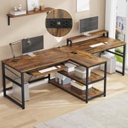94.5 Computer Gaming Desk with Storage and LED Lights, Power Strip & Keyboard Tray & Monitor Stand, Extra Long Double Desk for 2 Person, Rustic Brown