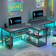 94.5 Computer Gaming Desk with Storage and LED Lights, Power Strip & Keyboard Tray & Monitor Stand, Extra Long Double Desk for 2 Person, Black