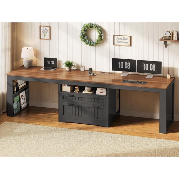 94.5" Farmhouse Two Person Desk with 2 Drawers and Storage Shelves, Long Computer Desk for Home Office