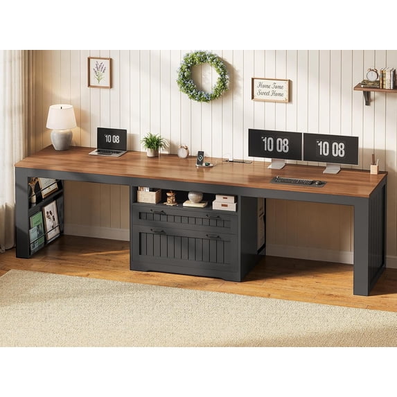 94.5" Farmhouse Two Person Desk with 2 Drawers and Storage Shelves, Long Computer Desk for Home Office