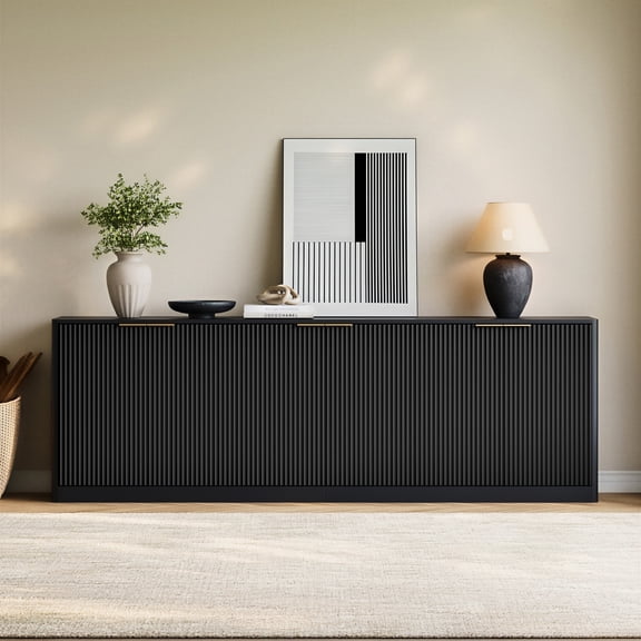 94.5" Fluted Black Buffet Cabinet, Modern Credenza with 6 Doors, Large Sideboard for Kitchen & Living Room, Wide Media Console Table with Storage for Dining Room, Entryway,94.5" W*31.5" H*15