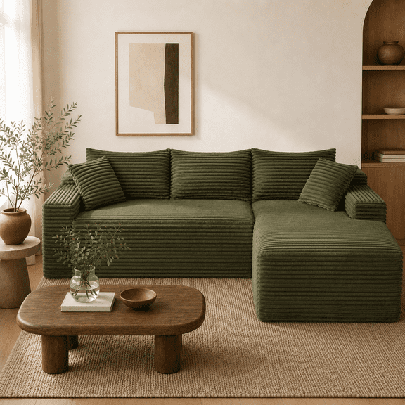 96" Green Corduroy L-Shaped Sectional Sofa in a Box, 4-Seat Compressed Modular Couch with Reversible Chaise, Deep Seat, Throw Pillows, No Assembly for Living Room Apartment