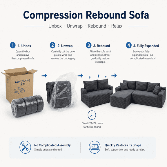 94.5" Grey Corduroy L-Shaped Sectional Sofa in a Box, 4-Seat Compressed Modular Couch with Reversible Chaise, Deep Seat, Throw Pillows, No Assembly for Living Room Apartment