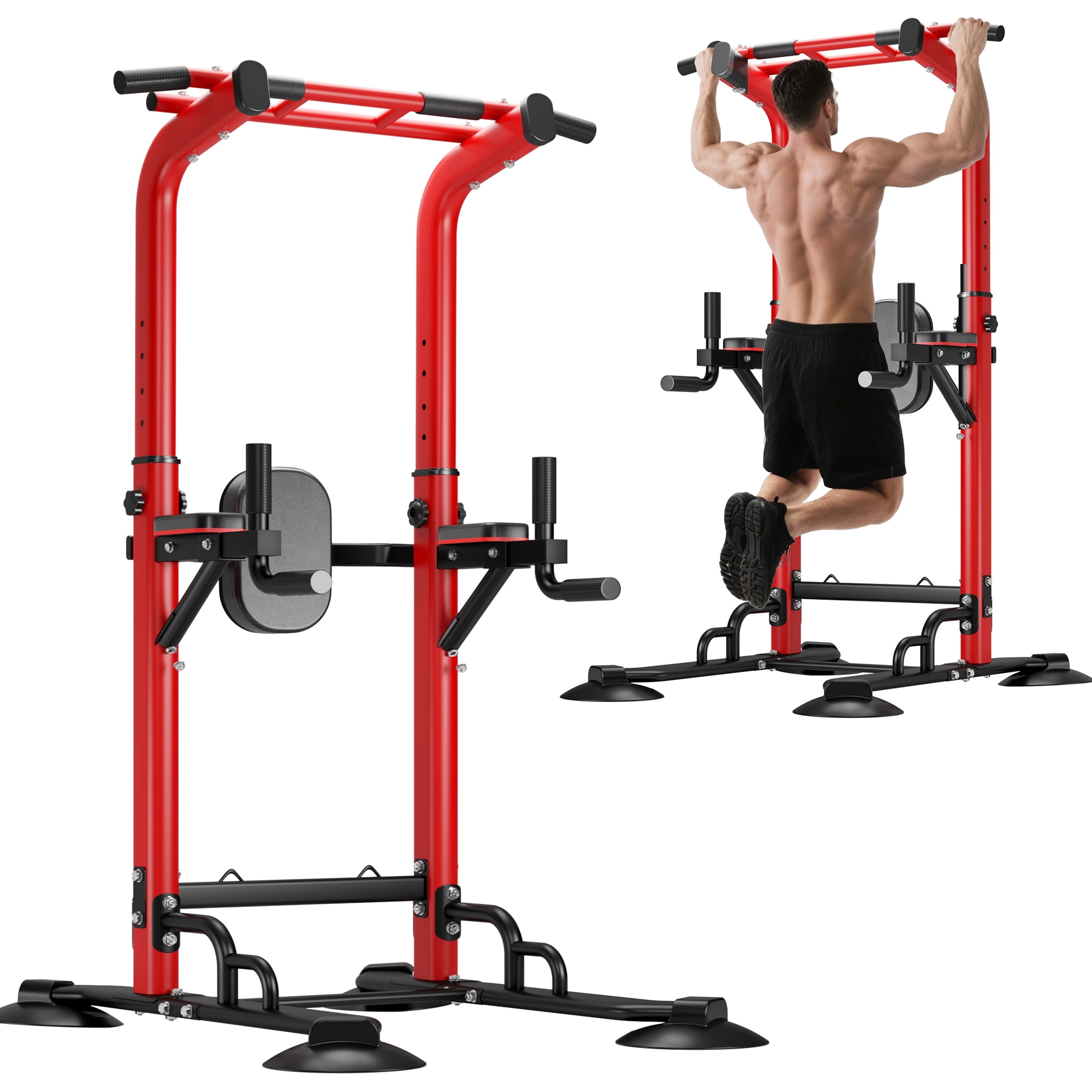 94.5"H Pull Up Bar and Dip Station, Heavy Duty 12 Adjustable Home Gym Equipment for Strength Training, Multifunctional Workout Bar with Resistance Bands – Full Body & Core Exercise 330LBS,Red