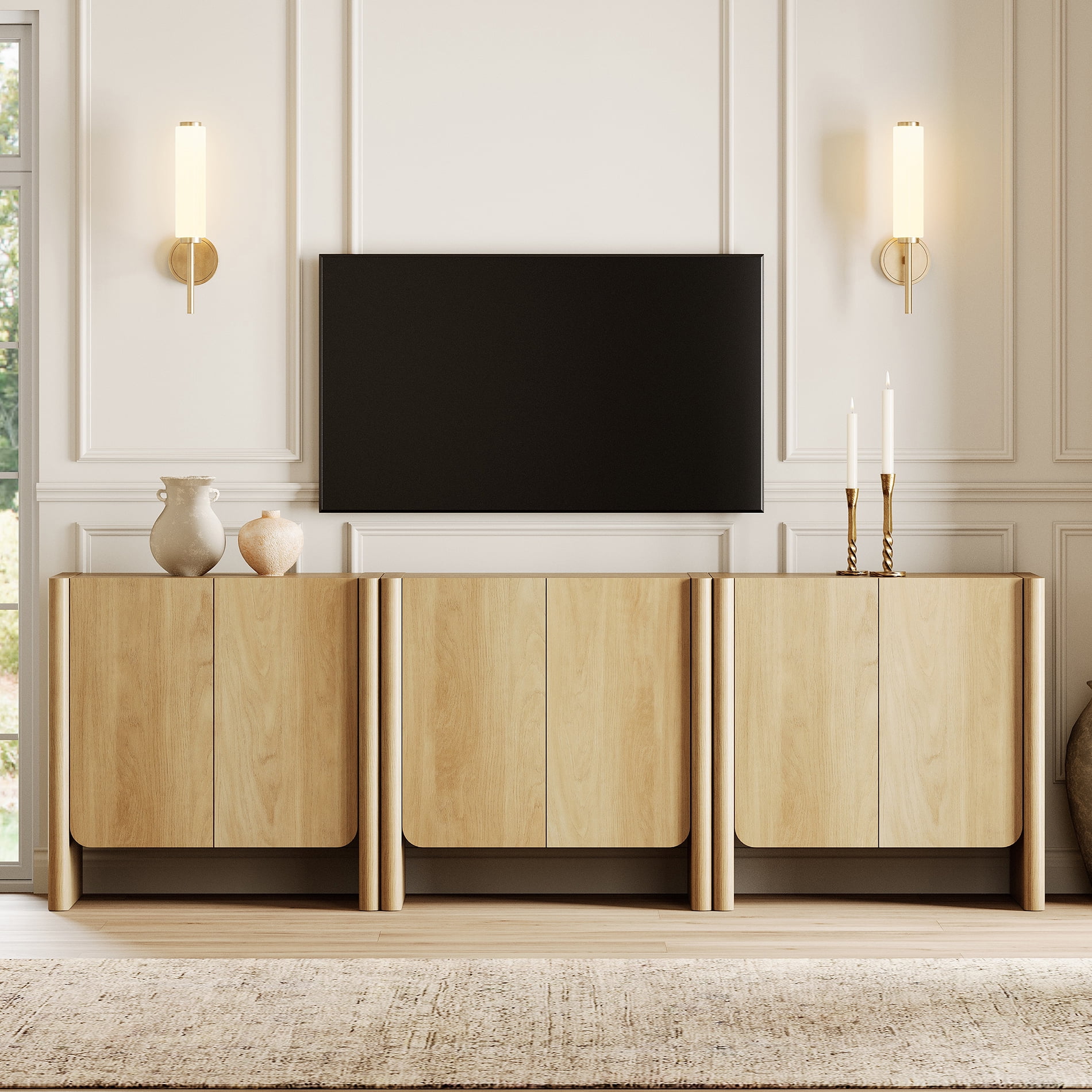 94.5-Inch 3-in-1 French Minimalist TV Stand for 105" TVs, 6-Door Media Console with Adjustable Shelves, Cable Management, Oak