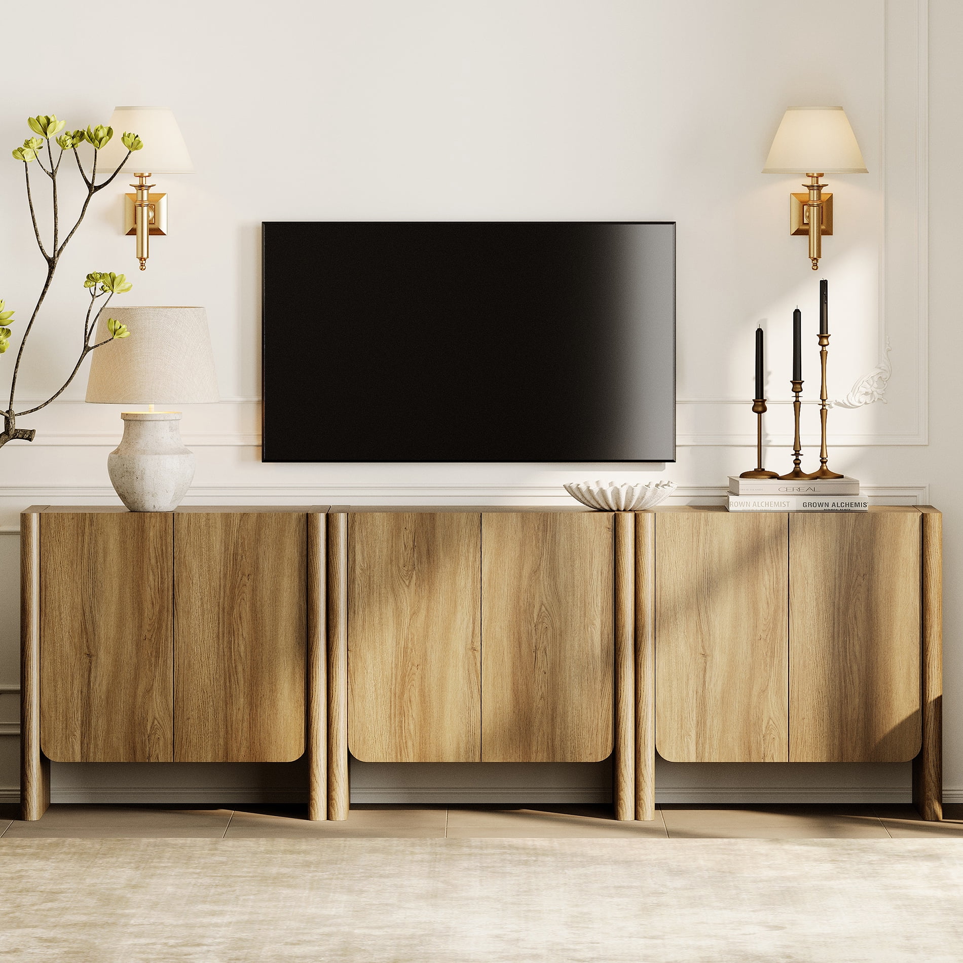 94.5-Inch 3-in-1 French Minimalist TV Stand for 105" TVs, 6-Door Media Console with Adjustable Shelves, Cable Management, Walnut