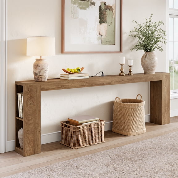 94.5-Inch Extra Long Console Table with USB Outlet & Storage, Narrow Sofa Behind Couch Table with Charging Station, Farmhouse Wood Entryway Table for Hallway Foyer Living Room, Oak Brown