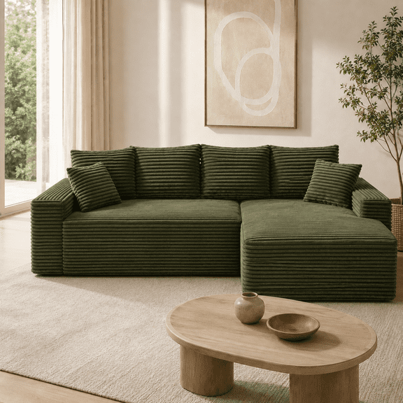 96 Inch Green Jumbo Corduroy L-Shaped 4-Seat Modular Sectional Sofa with Right Reversible Chaise Lounge, Deep Comfort Seating, Wide Armrests, Included Throw Pillows, No Assembly for Apartment Use