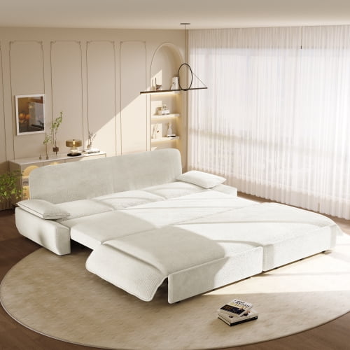 94.5 Inch King Size Pull Out Sofa Bed, 3-in-1 Convertible Sleeper Corduroy Couch with Chaise Mode for Living Room, Guest Room, White
