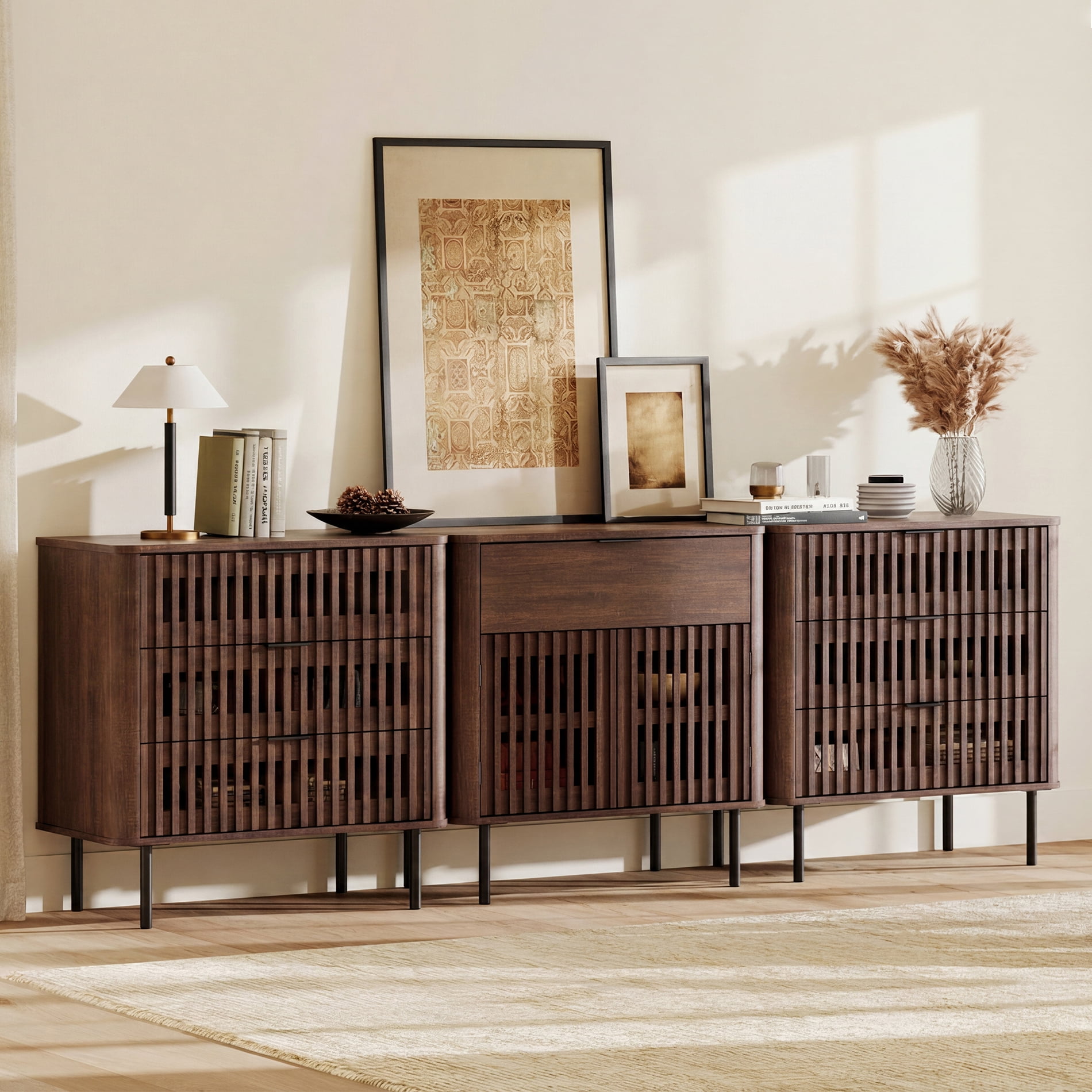 94.5 Inch Large Fluted Buffet Cabinet Sideboard with Storage, Pop-Up Doors & Adjustable Shelf, Wood Modern Accent Coffee Bar Console Table with Drawers for Kitchen, Living Room, Walnut