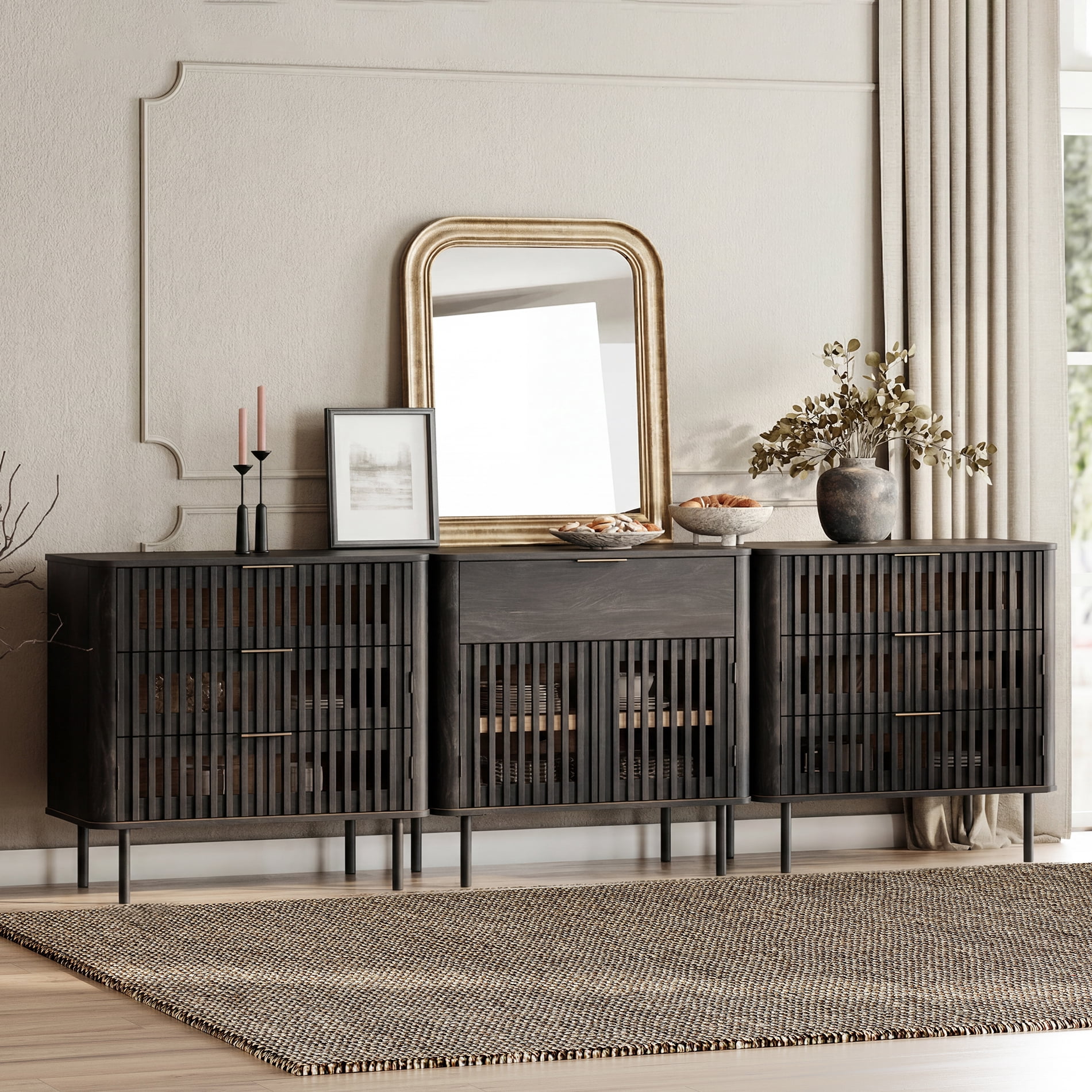 94.5 Inch Large Fluted Buffet Cabinet Sideboard with Storage, Pop-Up Doors & Adjustable Shelf, Wood Modern Accent Coffee Bar Console Table with Drawers for Kitchen, Living Room, Black