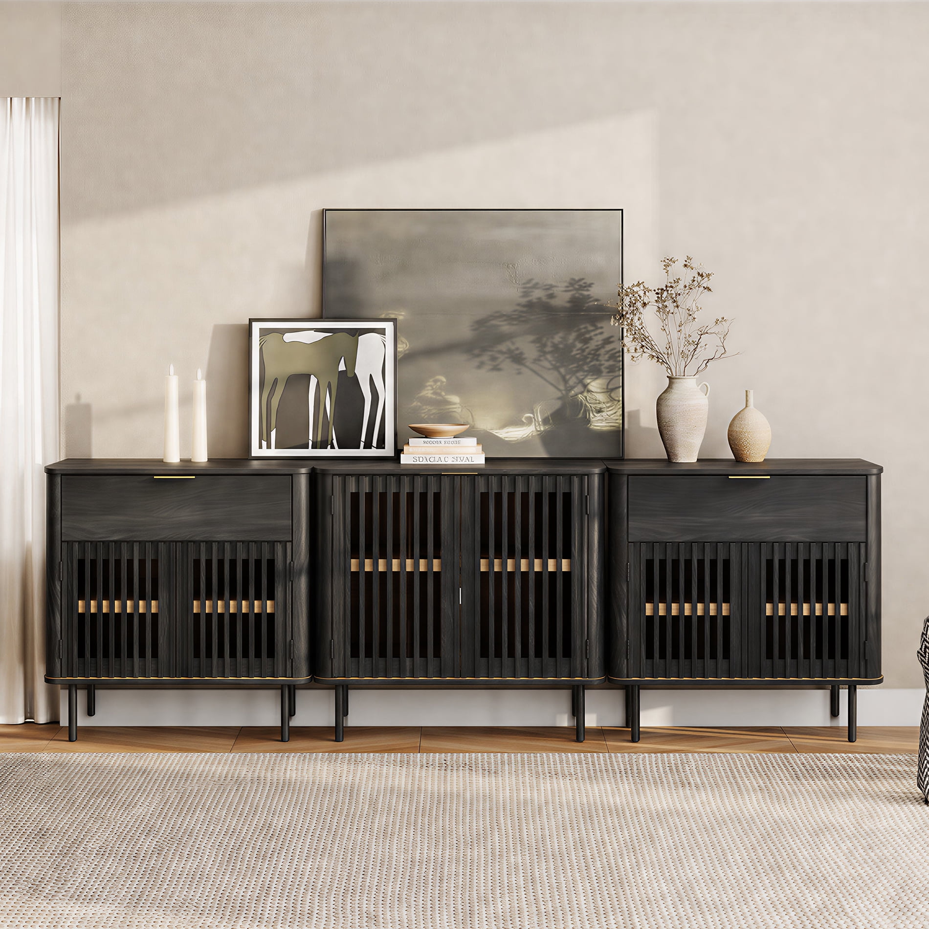 94.5 Inch Large Fluted Buffet Cabinet Sideboard with Storage,Wood Modern Accent Coffee Bar Console Table, Black